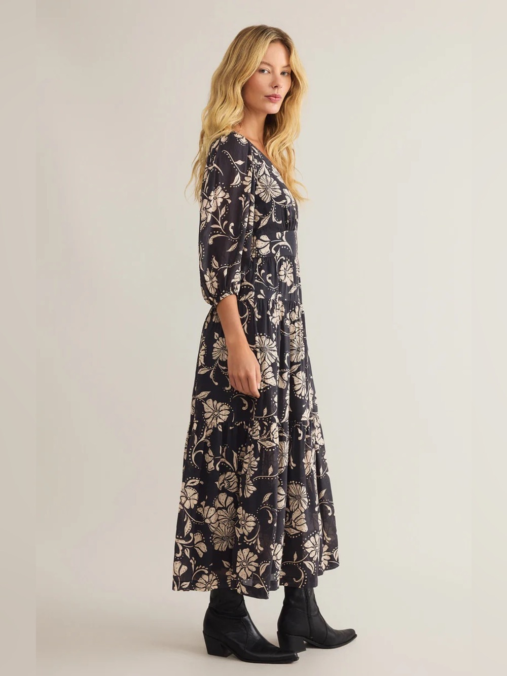 Z SUPPLY adelina ari floral midi dress in parchment garden boho medium